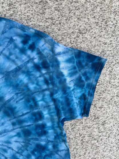 MHD Dark Blue Light Blue White Spiral Ice Dye Tie Dye Short Sleeve Shirt 100% Cotton Size XL