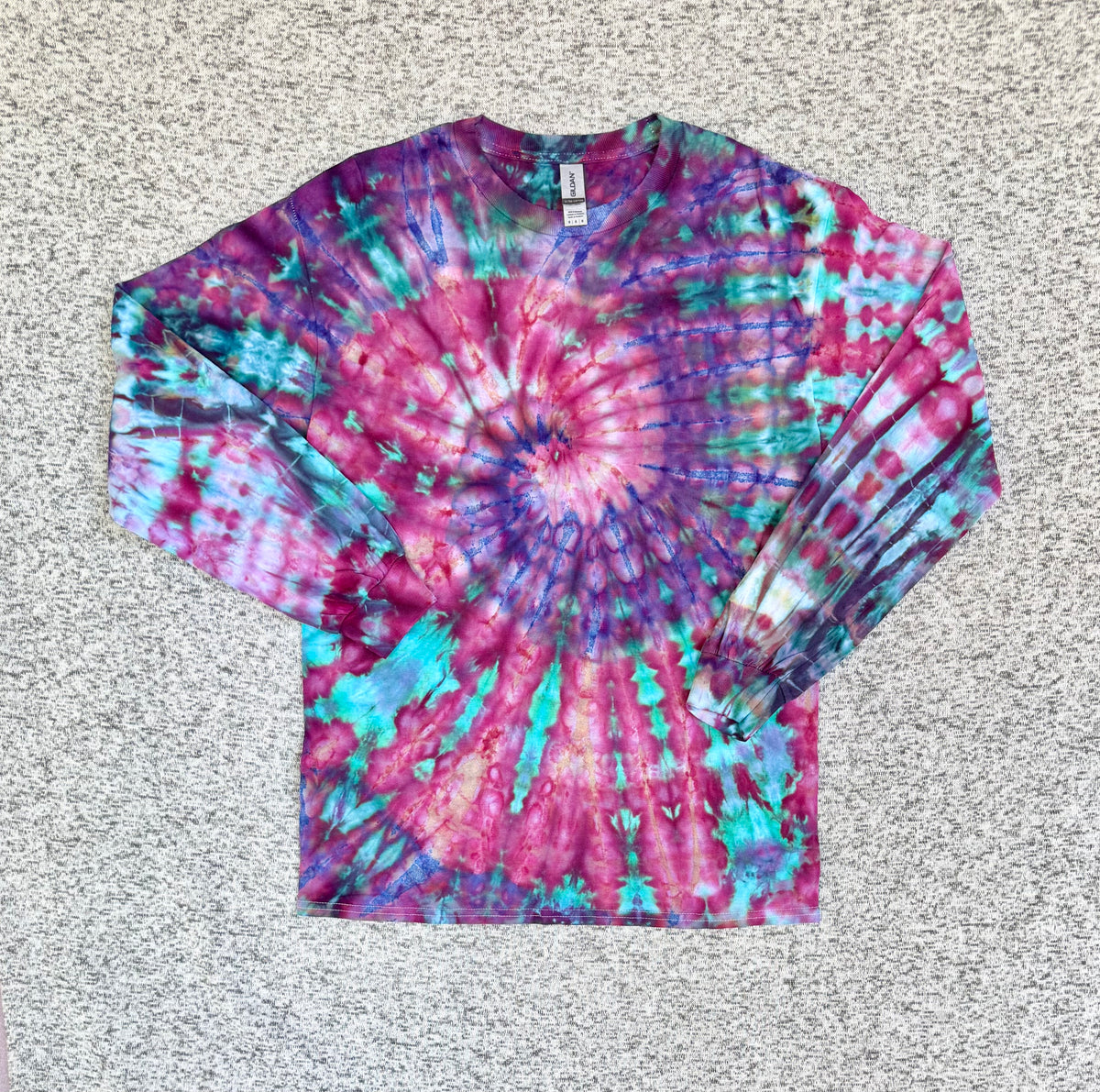 MHD Pink Purple Navy Blue Teal Spiral Ice Dye Tie Dye Long Sleeve Shirt 100% Cotton Size Medium