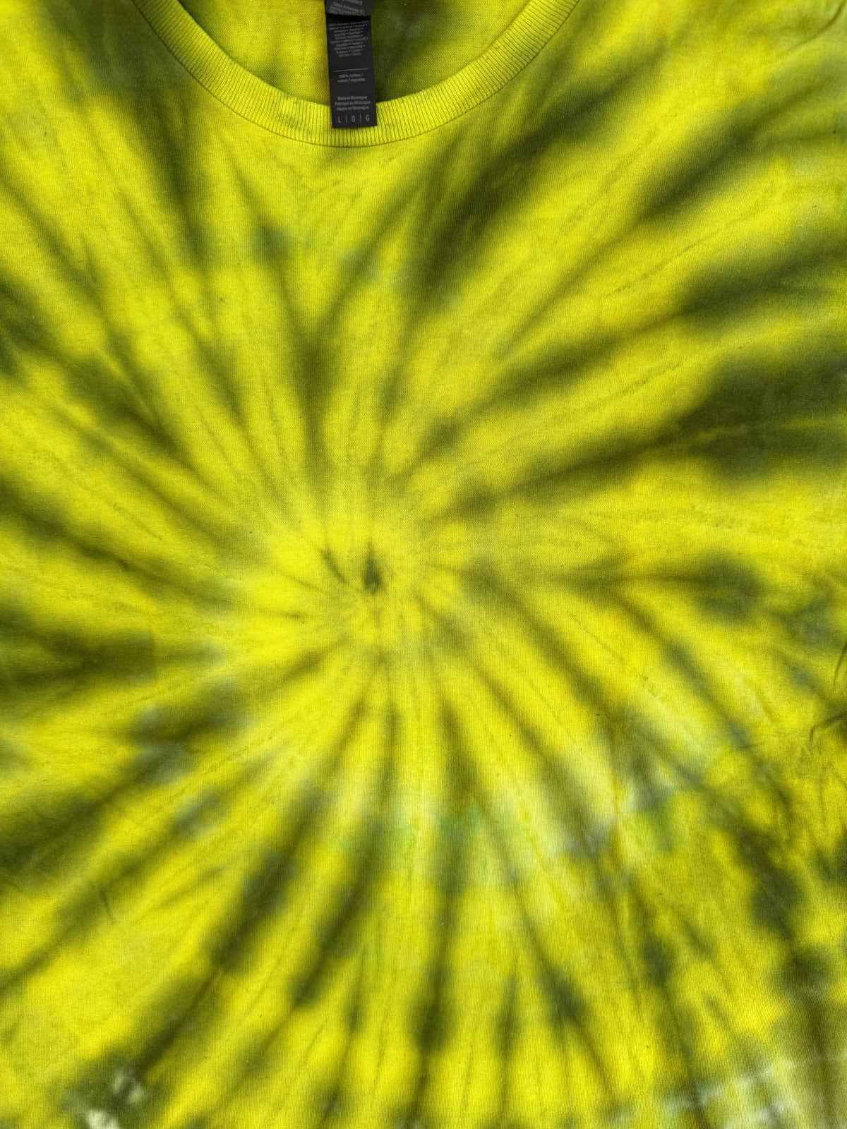 MHD Dark Green Yellow Spiral Ice Dye Tie Dye Short Sleeve Shirt 100% Cotton Size Large