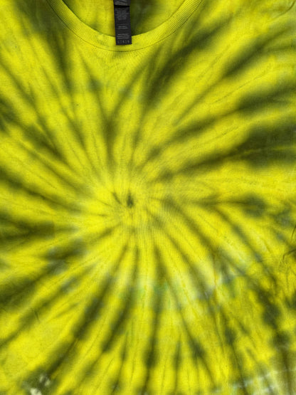 MHD Dark Green Yellow Spiral Ice Dye Tie Dye Short Sleeve Shirt 100% Cotton Size Large