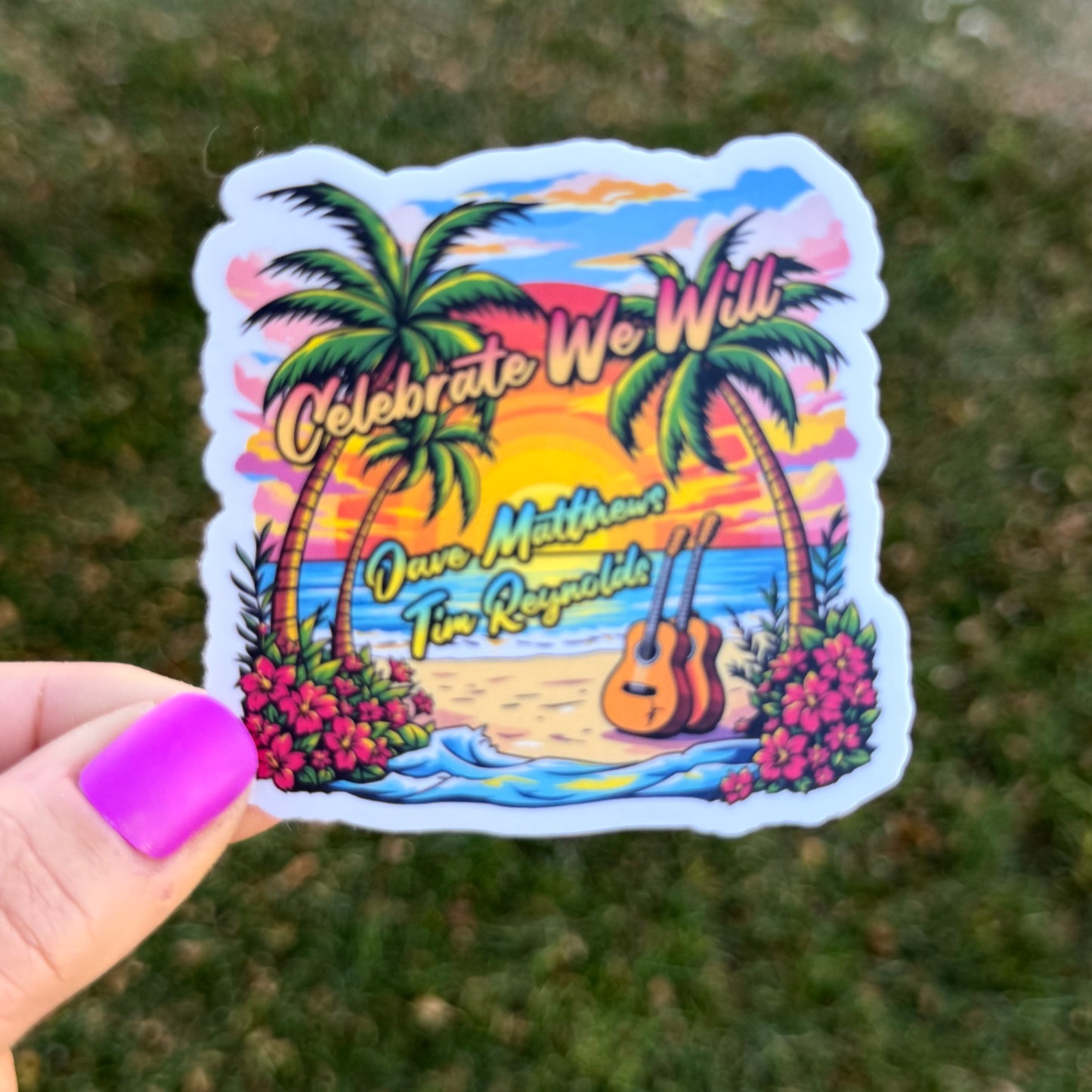 Dave Matthews Tim Reynolds Mexico 2026 Celebrate We Will Palm Trees Beach Sunset Guitars Vinyl Sticker Slap 2.8” x 2.75” Matte Finish