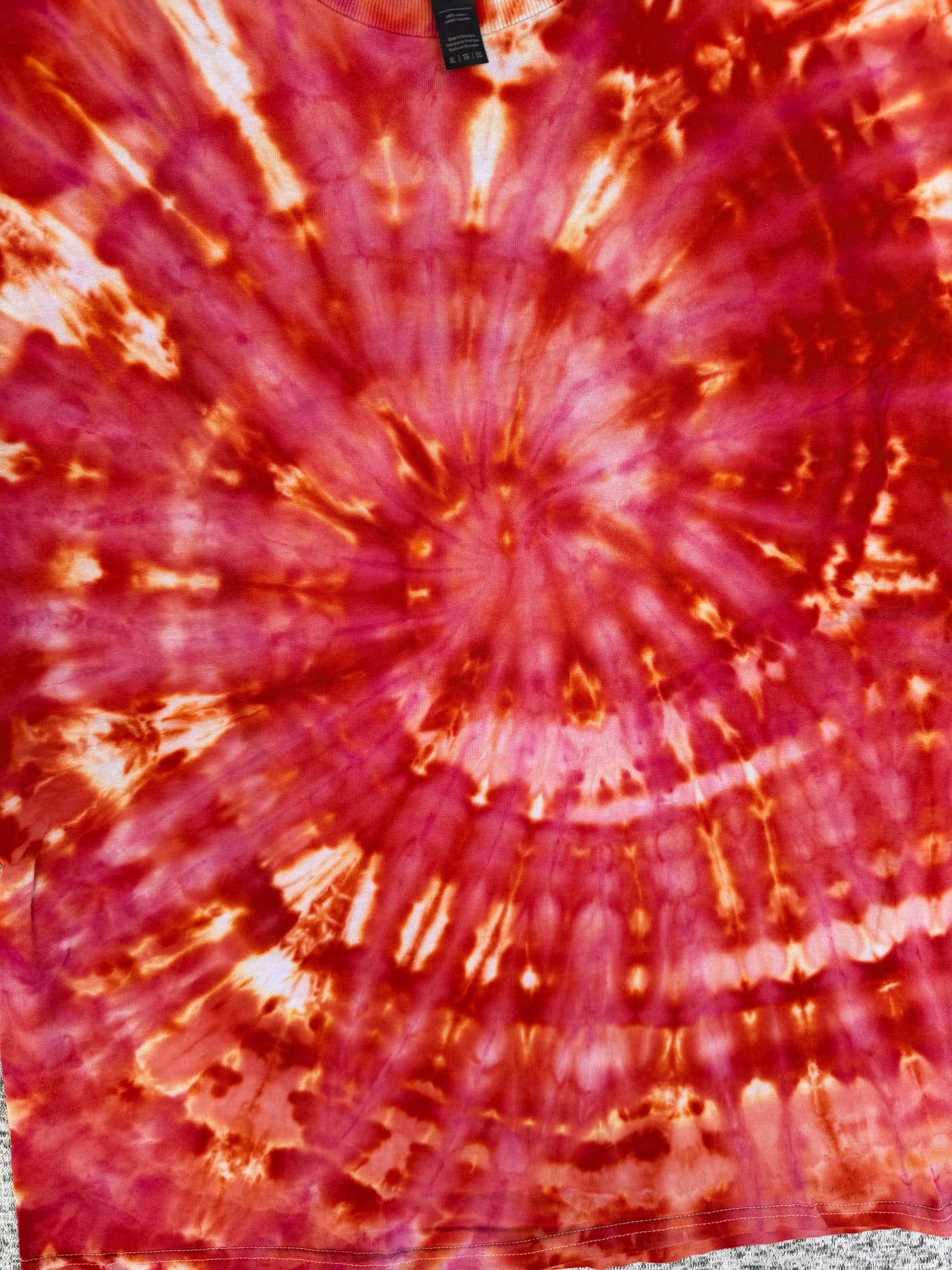 MHD Red Dark Orange Yellow Coral Spiral Ice Dye Tie Dye Short Sleeve Shirt 100% Cotton Size XL