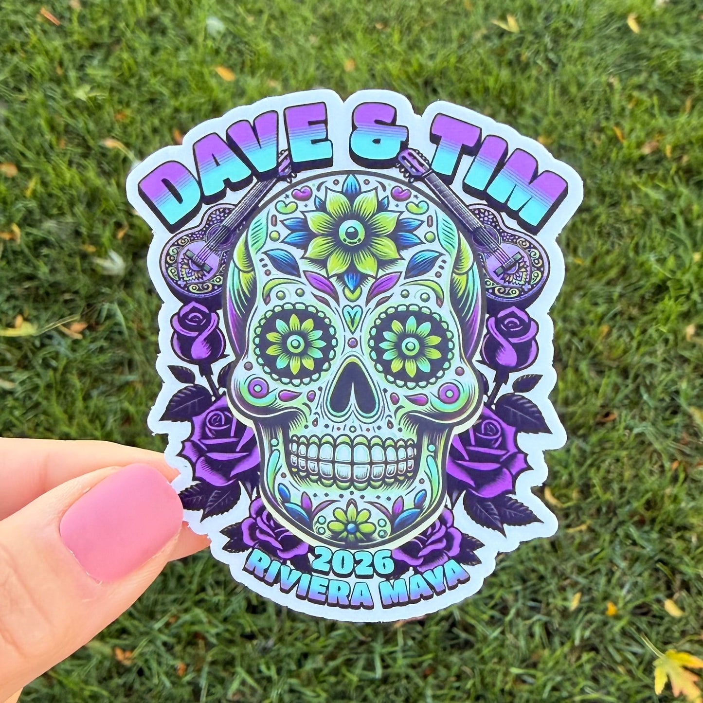 Dave & Tim Mexico 2026 Purple Bright Blue Green Sugar Skull Roses Guitars Vinyl Sticker Slap 3" x 2.5" Matte Finish