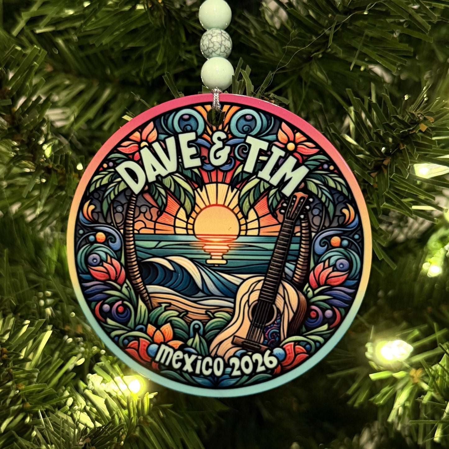 Dave & Tim Mexico 2026 Palm Trees Sunset Ocean Beach Guitar Stained Glass Metal Holiday Christmas Ornament with Beads with Gift Box 2 Sizes: 2.75" x 2.75" or 3.5" x 3.5"