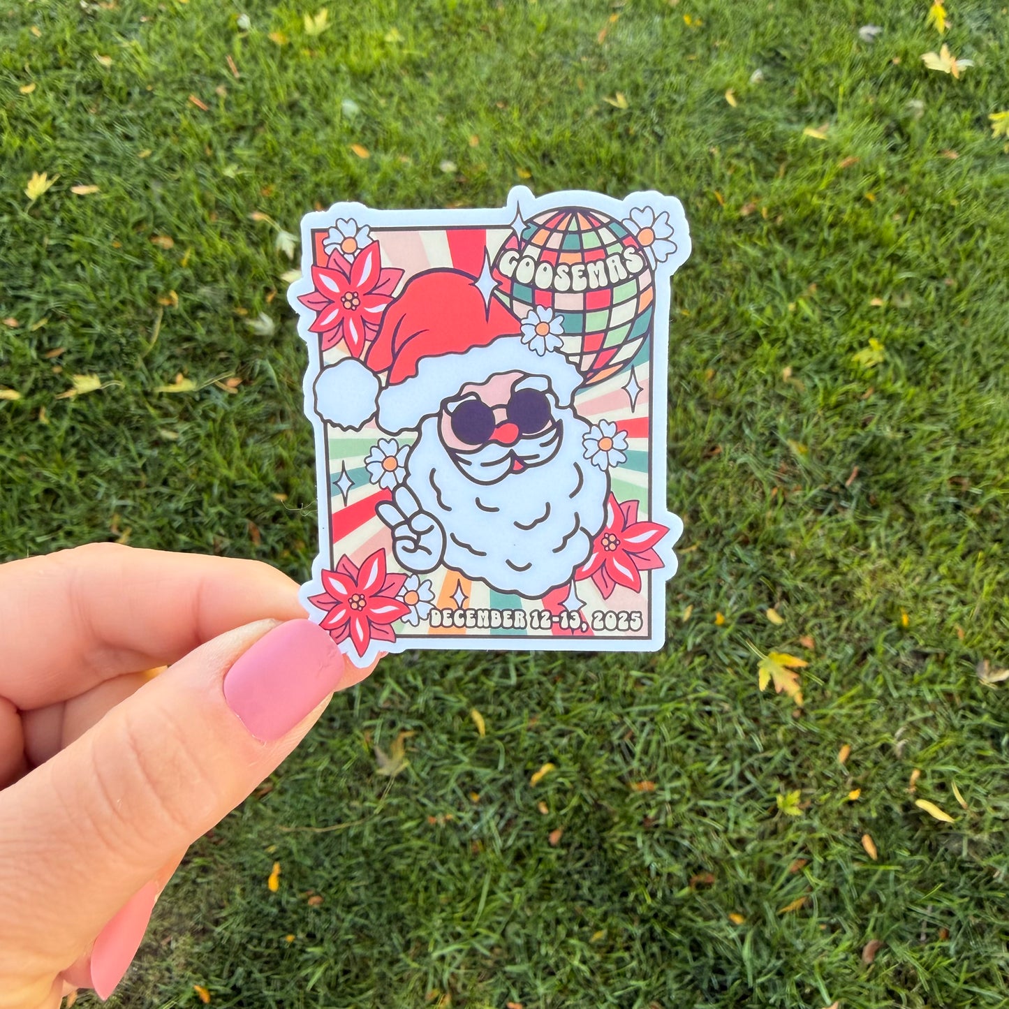 Goose Goosemas 2025 Disco Ball Santa Wearing Sunglasses Flowers Peace Vinyl Sticker Slap 2.7" x 2.2" Matte Finish