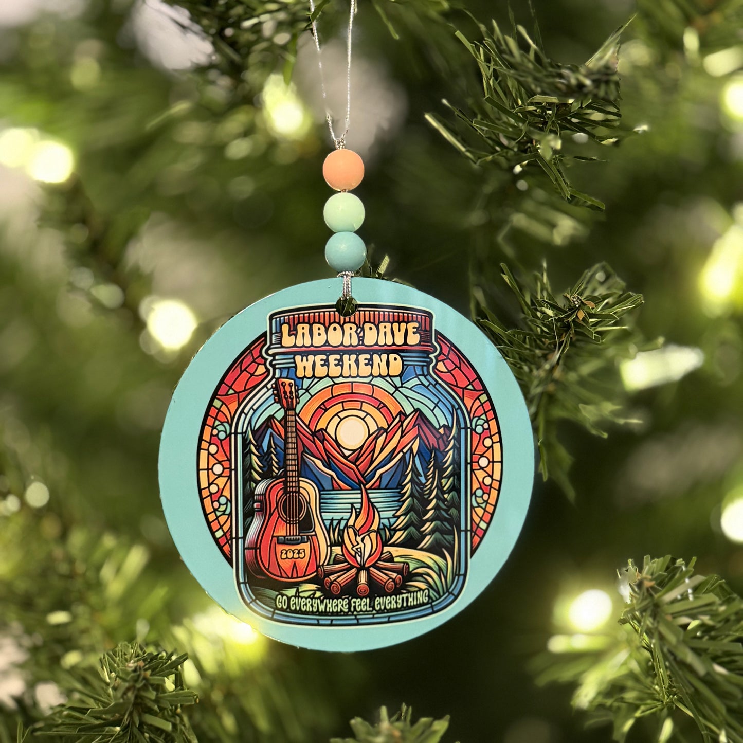 Labor Dave Weekend The Gorge 2025 Go Everywhere Feel Everything Stained Glass Campfire Guitar Mountains Metal Holiday Christmas Ornament with Beads with Gift Box 2 Sizes: 2.75" x 2.75" or 3.5" x 3.5"