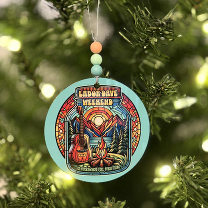 Labor Dave Weekend The Gorge 2025 Go Everywhere Feel Everything Stained Glass Campfire Guitar Mountains Metal Holiday Christmas Ornament with Beads with Gift Box 2 Sizes: 2.75" x 2.75" or 3.5" x 3.5"
