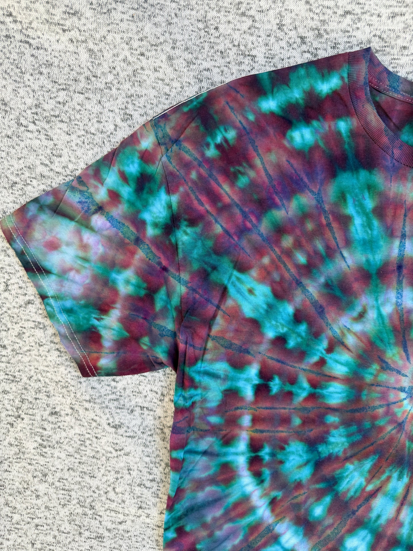MHD Dark Purple Navy Blue Green Teal Spiral Ice Dye Tie Dye Short Sleeve Shirt 100% Cotton Size XL
