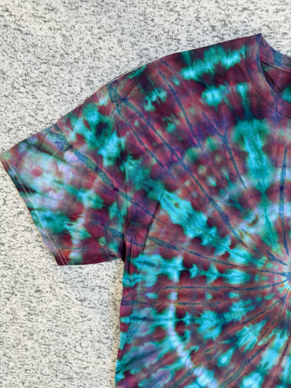 MHD Dark Purple Navy Blue Green Teal Spiral Ice Dye Tie Dye Short Sleeve Shirt 100% Cotton Size XL