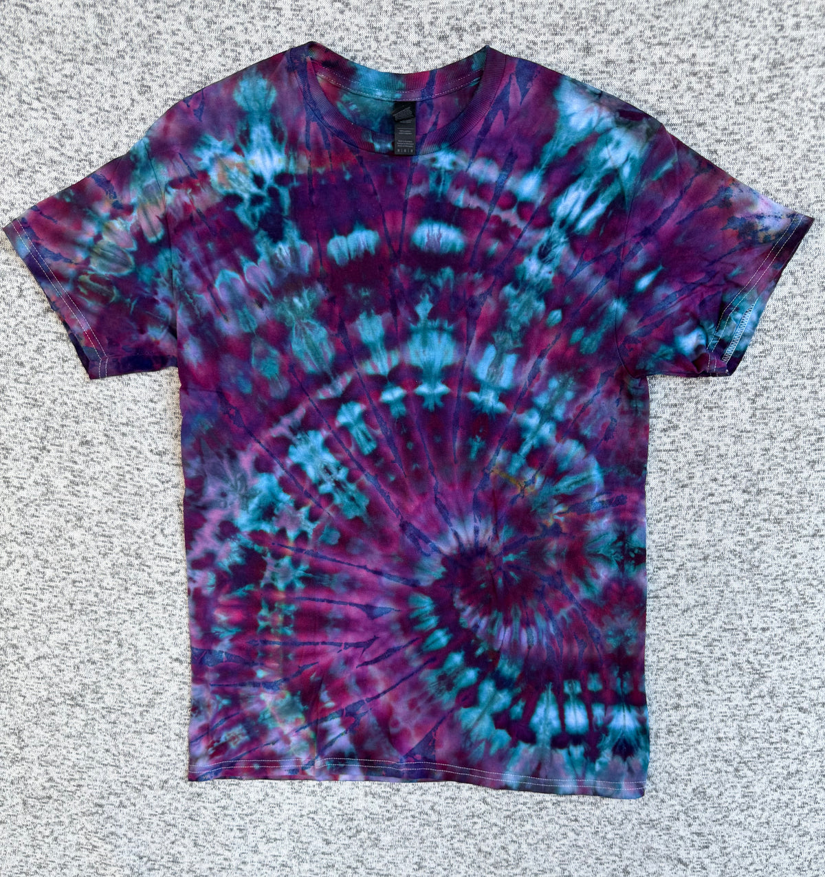 MHD Dark Purple Teal Navy Blue Spiral Ice Dye Tie Dye Short Sleeve Shirt 100% Cotton Size Medium