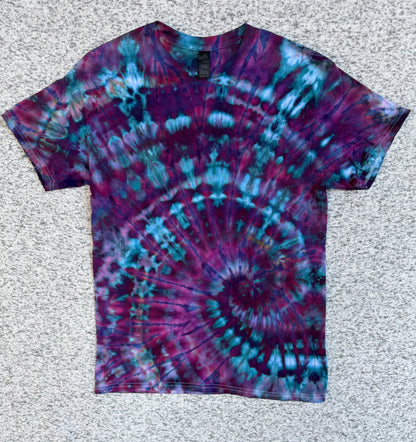 MHD Dark Purple Teal Navy Blue Spiral Ice Dye Tie Dye Short Sleeve Shirt 100% Cotton Size Medium