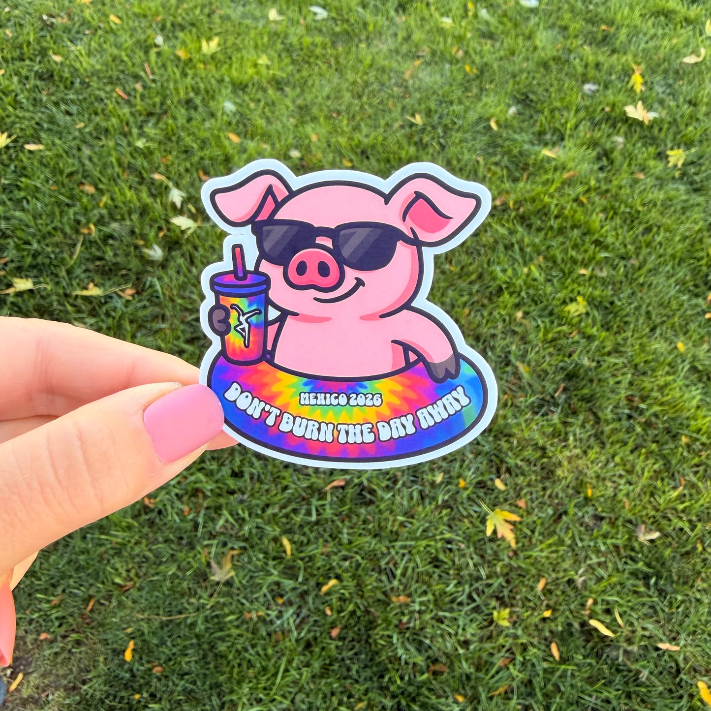 Dave & Tim Mexico 2026 Pink Pig Sunglasses Tie Dye Pool Float Cocktail Tumbler Don’t Burn the Day Away Vinyl Sticker Slap 2.5”x 2.42” Matte Finish
