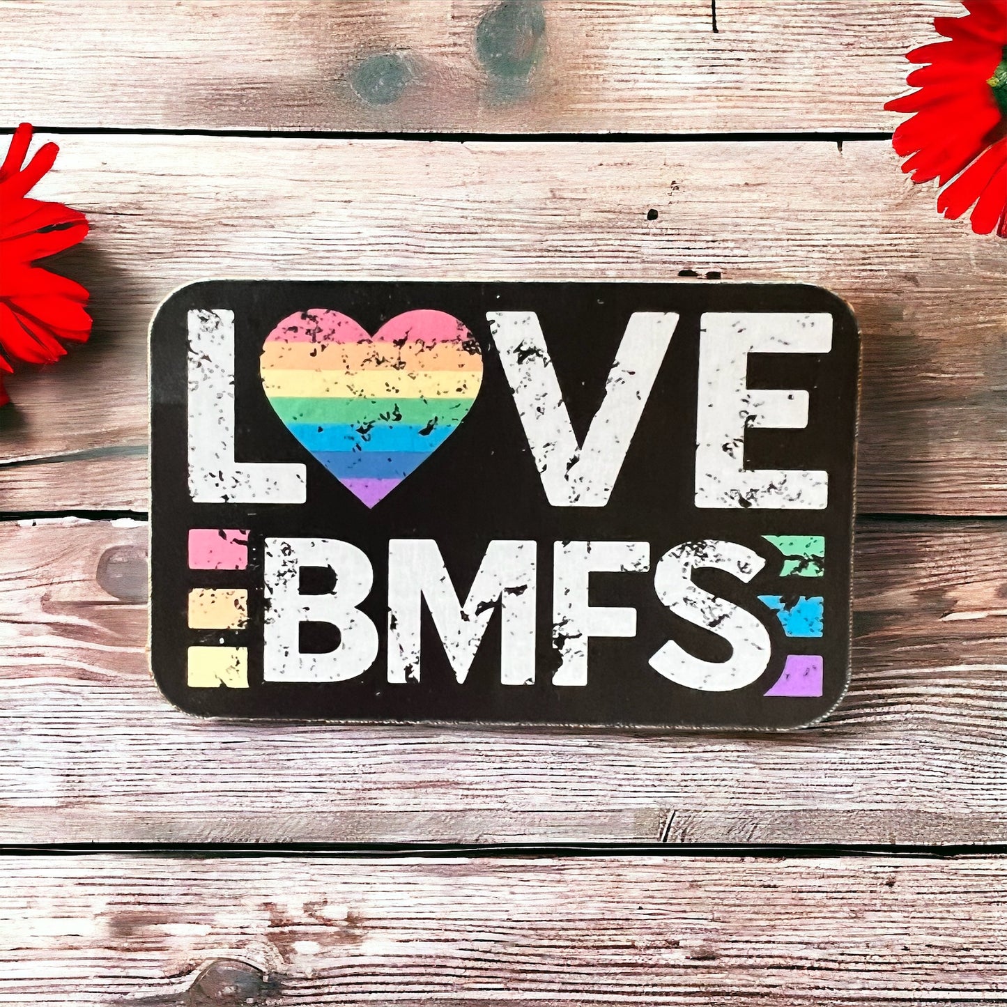 LOVE BMFS Rainbow Heart Distressed Look Sticker Slap 1.9" x 3" Matte Finish