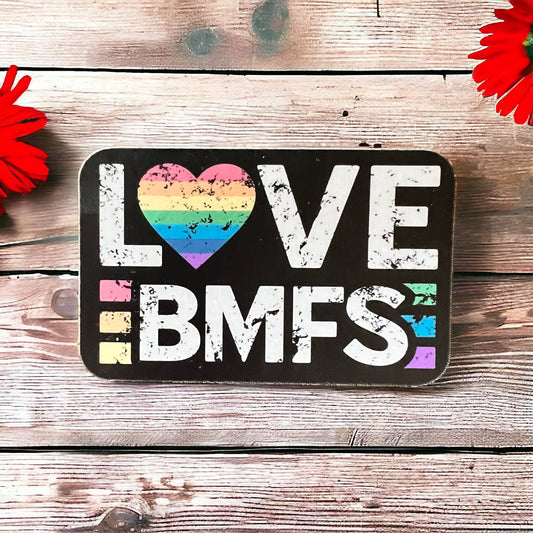 LOVE BMFS Rainbow Heart Distressed Look Sticker Slap 1.9" x 3" Matte Finish