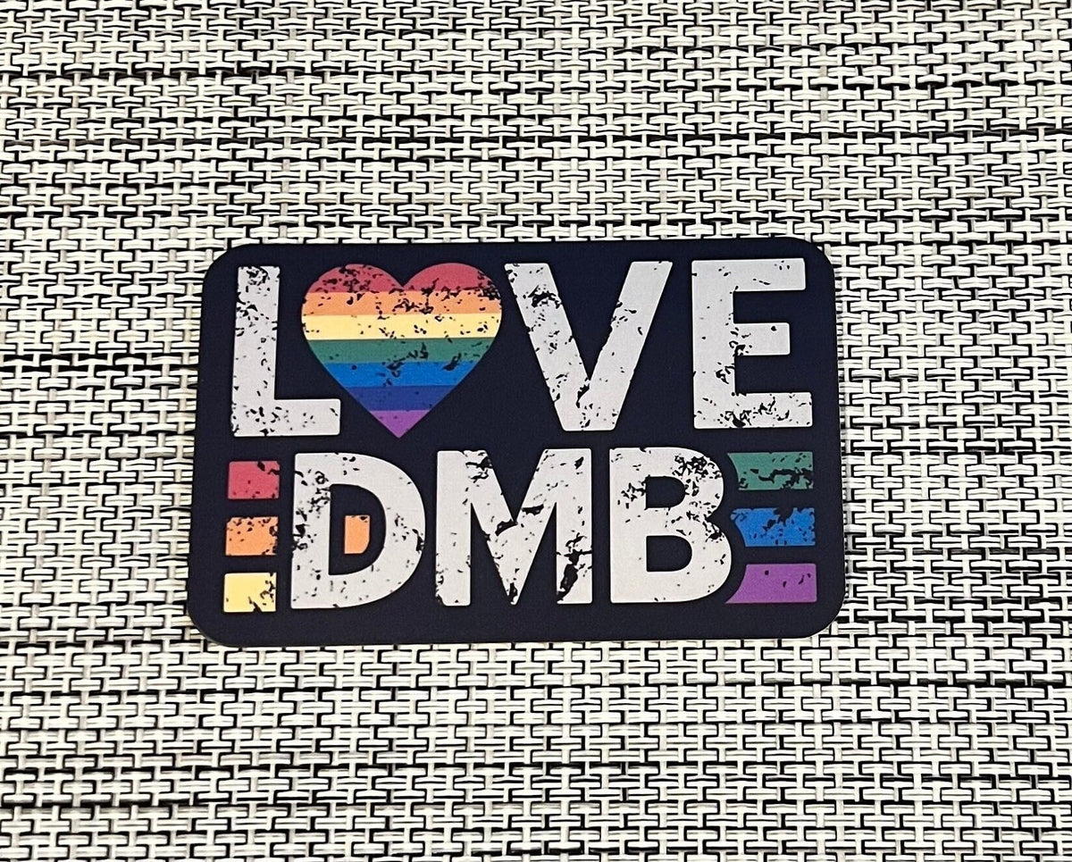 LOVE DMB Rainbow Heart Black Distressed Look Vintage Vinyl Sticker Slap 1.95" x 3" Matte Finish