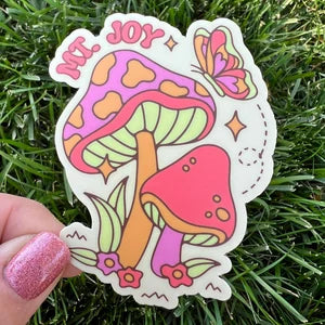 Mt. Joy Hippie Mushrooms Flowers Butterfly Retro Psychedelic Pink Orange Yellow Purple Sticker Slap Matte Finish 3.2" x 2.5"