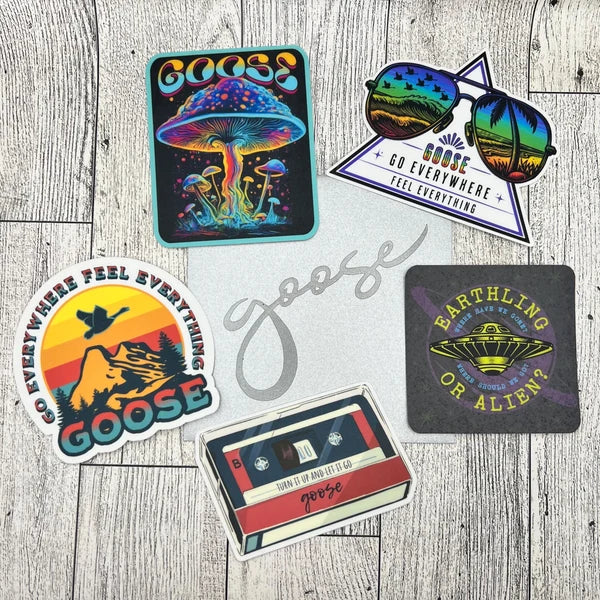 Goose 5 Vinyl Stickers Slaps Mushrooms Retro Cassette Tape Earthling Alien Silver 4" x 4" Gift Envelope Christmas Birthday Mother's Day