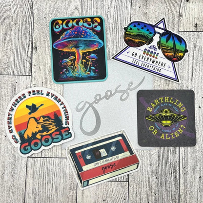 Goose 5 Vinyl Stickers Slaps Mushrooms Retro Cassette Tape Earthling Alien Silver 4" x 4" Gift Envelope Christmas Birthday Mother's Day