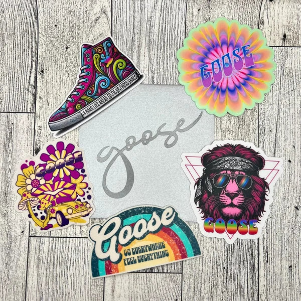 Goose 5 Vinyl Stickers Slaps Tumble Sneaker Rainbow Lion Hippie Bug Mushrrooms 4" x 4" Gift Envelope Christmas Birthday Mother's Day Holidays