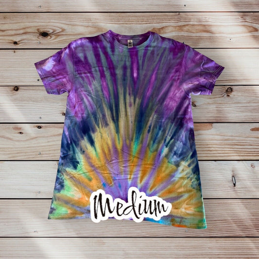 Mile High Dad Purple Blue Green Yellow Sunburst Ice Dye Tie Dye | Short Sleeve Shirt | 100% Cotton | Size MEDIUM