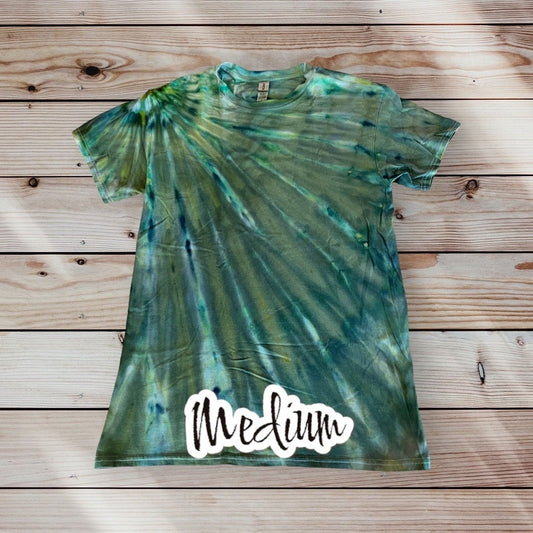 Mile High Dad Green Blue Sunburst Ice Dye Tie Dye | Short Sleeve Shirt | 100% Cotton | Size MEDIUM