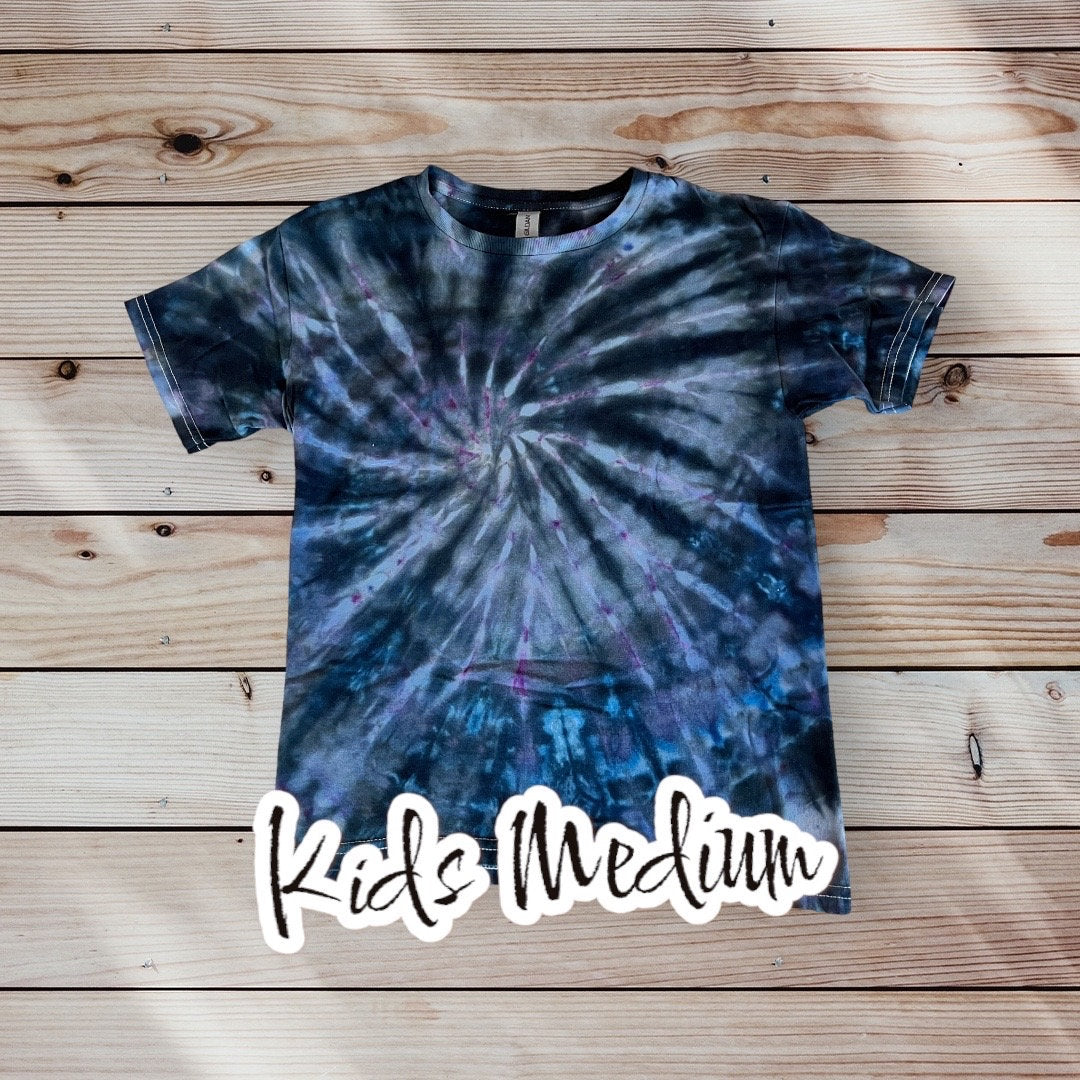 Mile High Dad Dark Blue Light Blue Spiral Ice Dye Tie Dye | Short Sleeve Shirt | 100% Cotton | KIDS Size MEDIUM 10-12