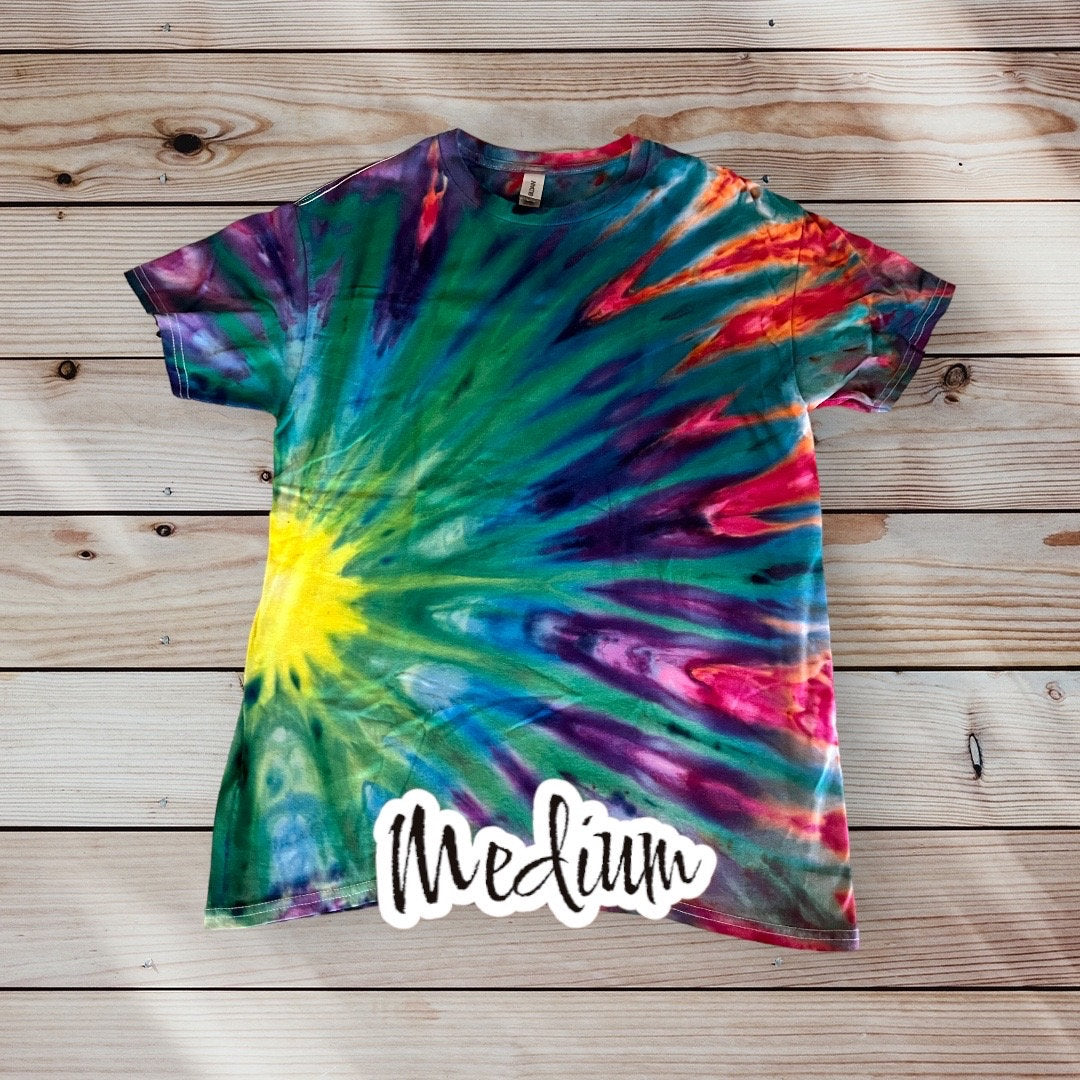 Mile High Dad Yellow Green Blue Purple Pink Sunburst Ice Dye Tie Dye | Short Sleeve Shirt | 100% Cotton | Size MEDIUM