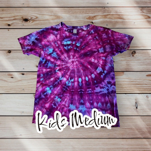 Mile High Dad Purple Blue Spiral Ice Dye Tie Dye | Short Sleeve Shirt | 100% Cotton | KIDS Size MEDIUM 10-12