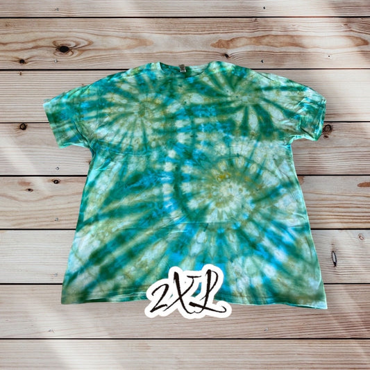 Green Teal Spiral Ice Dye Tie Dye | Short Sleeve Shirt | 100% Cotton | Size 2XL XXL