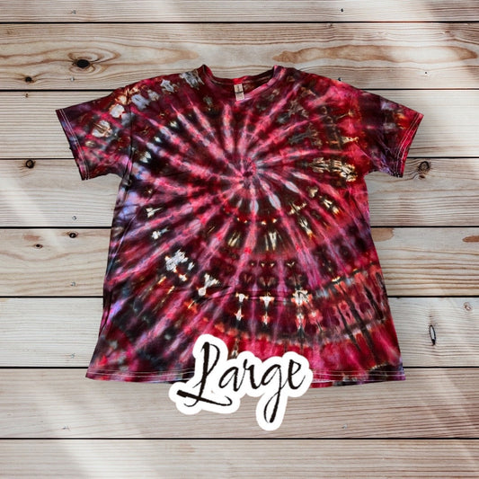 Red Pink Purple Brown Spiral Ice Dye Tie Dye | Short Sleeve Shirt | 100% Cotton | Size XL