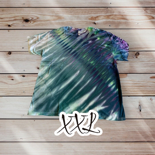 Purple Blue Green Sunburst Spiral Ice Dye Tie Dye | Short Sleeve Shirt | 100% Cotton | Size 2XL XXL