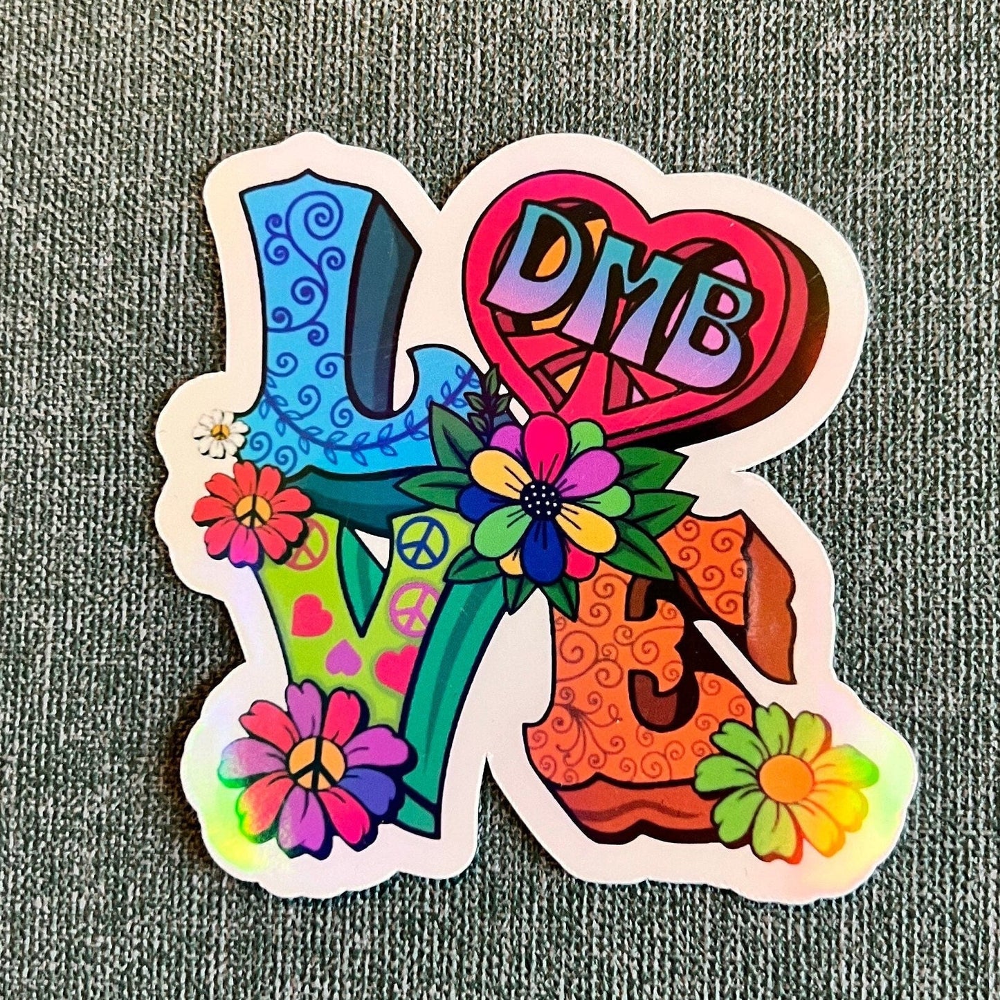 LOVE DMB Pink Peace Sign Heart Flowers Vinyl Sticker Slap 2.6" x 2.6" Glossy Holographic Finish