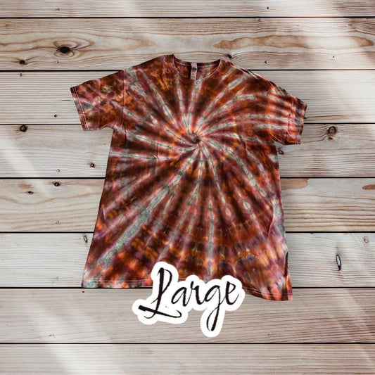 Dark Red Orange Green Spiral Ice Dye Tie Dye | Short Sleeve Shirt | 100% Cotton | Size LARGE