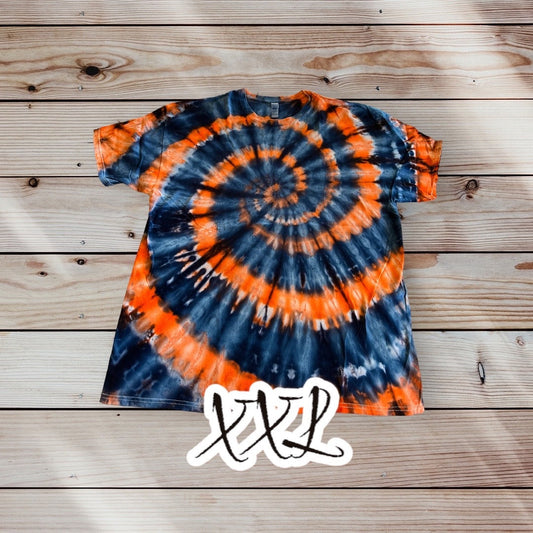 Orange Dark Blue Spiral Ice Dye Tie Dye | Short Sleeve Shirt | 100% Cotton | Size 2XL XXL