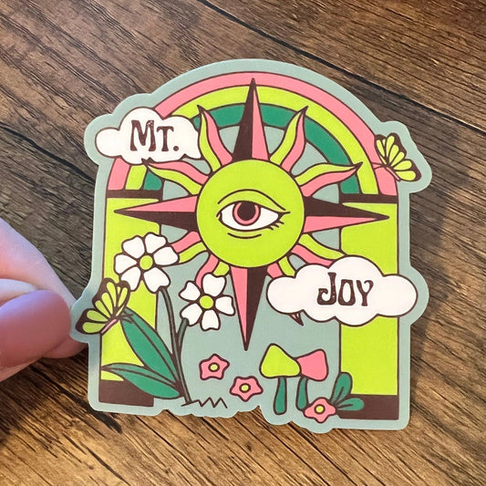 Mt. Joy Hippie Rainbow Sun Mushrooms Flowers Retro Psychedelic Clouds Green Pink White Vinyl Sticker Slap Matte Finish 2.8" x 2.8"