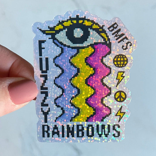 BMFS Fuzzy Rainbows Psychedelic Eye Purple Yellow Pink Waves Vinyl Sticker Slap 3.1" x 2.4" Glossy Glitter Finish