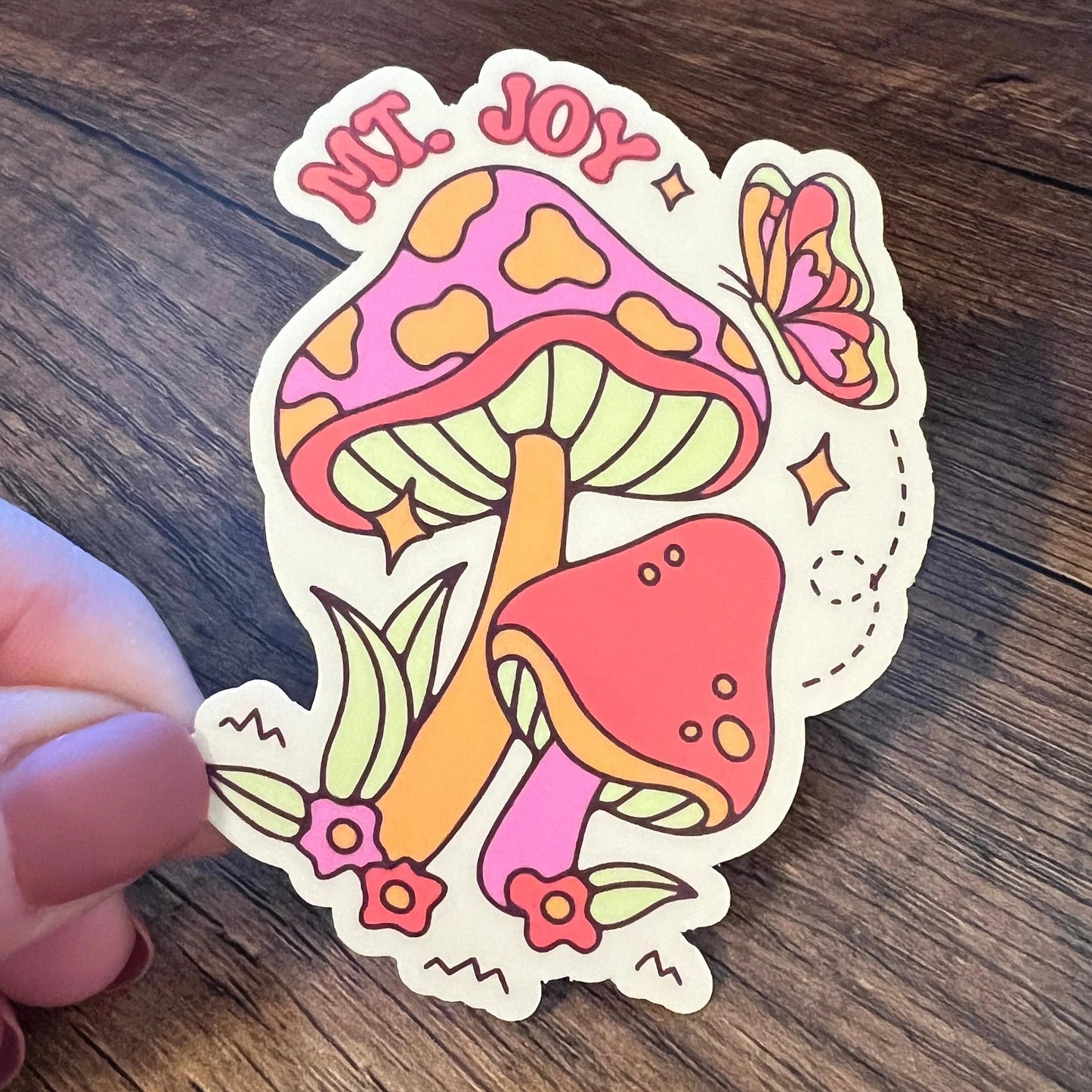 Mt. Joy Hippie Mushrooms Flowers Butterfly Retro Psychedelic Pink Orange Yellow Purple Sticker Slap Matte Finish 3.2" x 2.5"