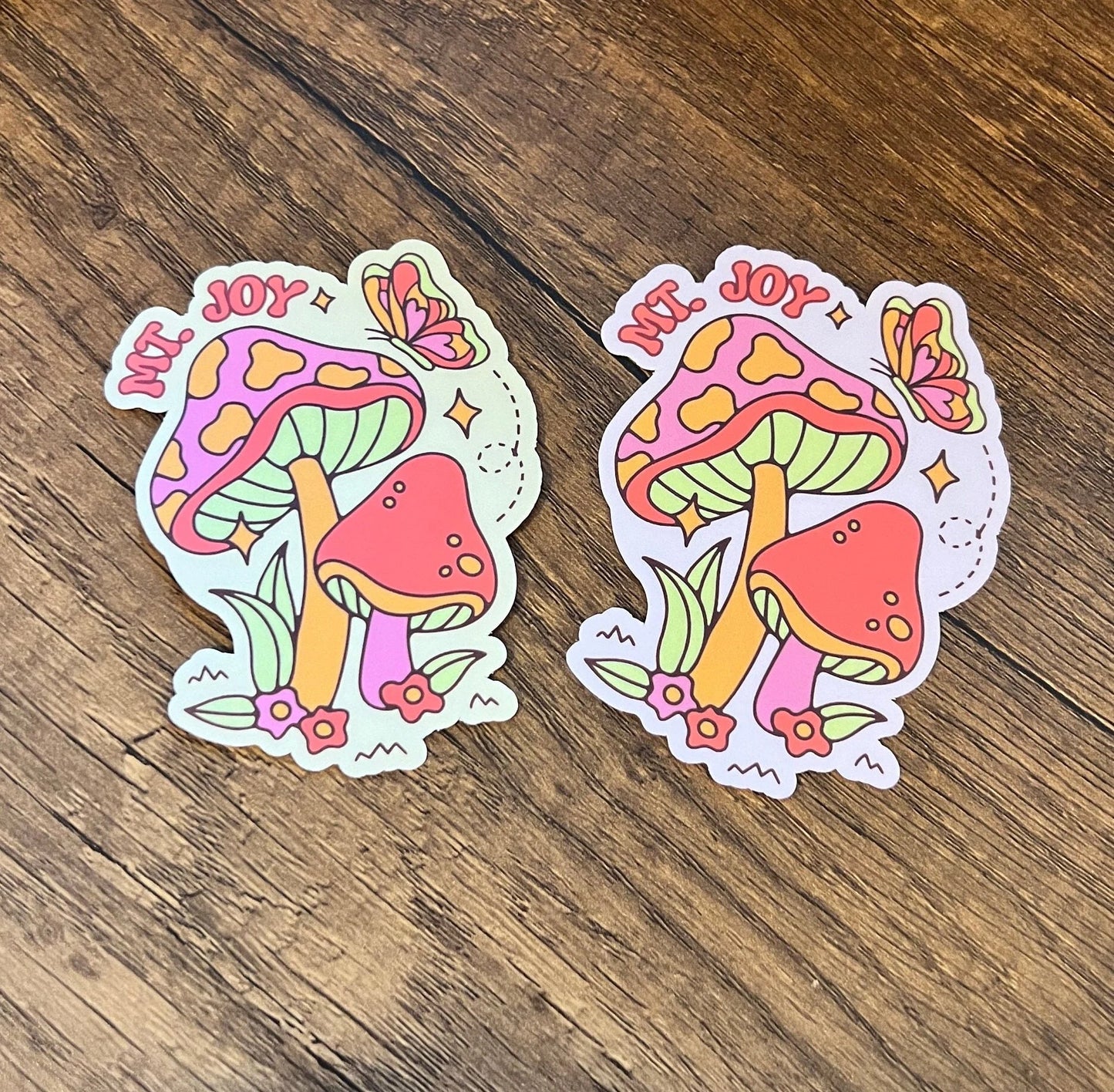 Mt. Joy Hippie Mushrooms Flowers Butterfly Retro Psychedelic Pink Orange Yellow Purple Sticker Slap Matte Finish 3.2" x 2.5"