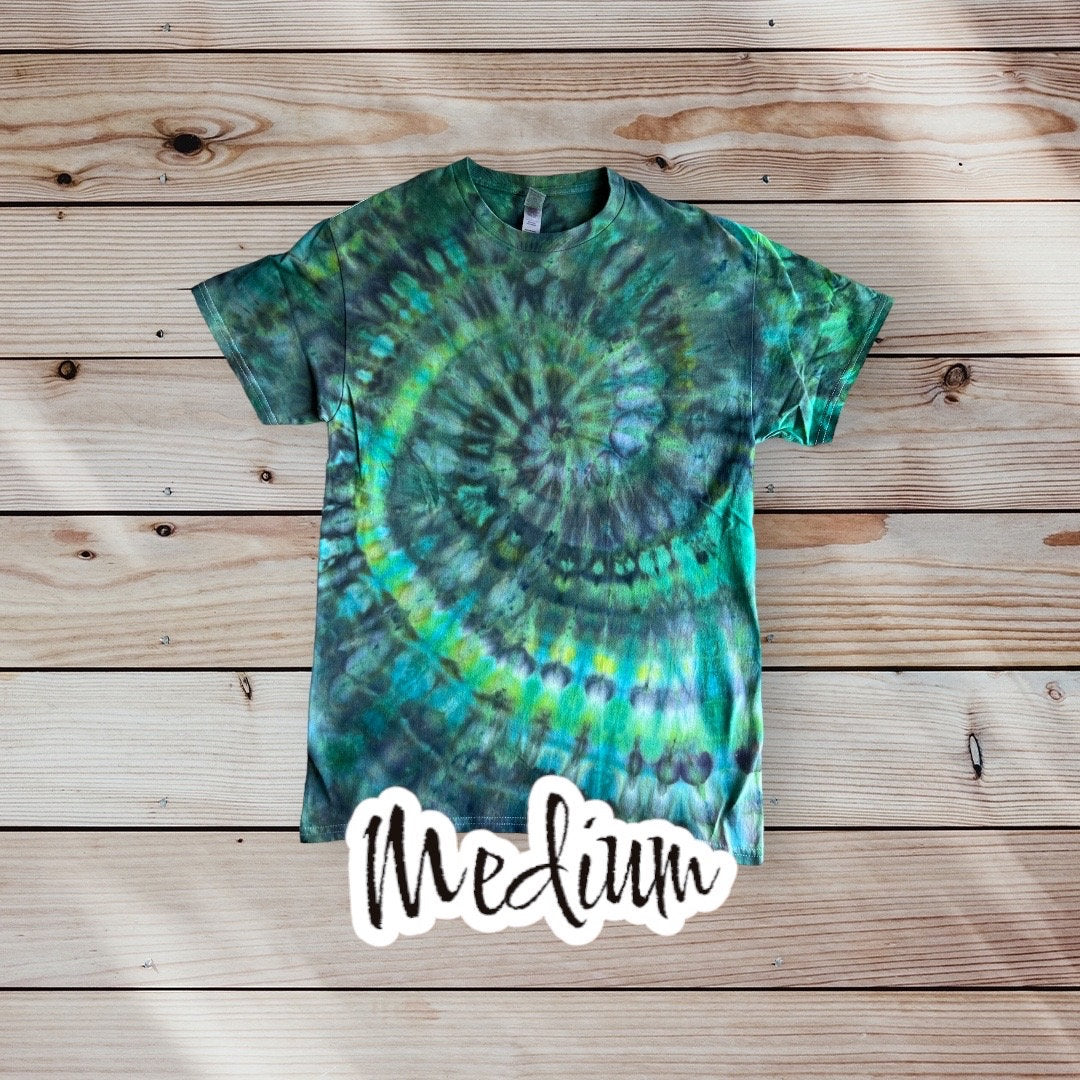 Mile High Dad Green Blue Spiral Ice Dye Tie Dye | Short Sleeve Shirt | 100% Cotton | Size MEDIUM