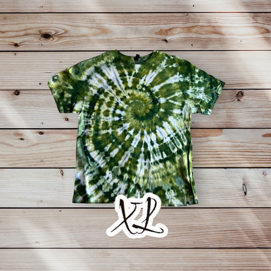 Dark Green Light Green Spiral Ice Dye Tie Dye | Short Sleeve Shirt | 100% Cotton | Size XL