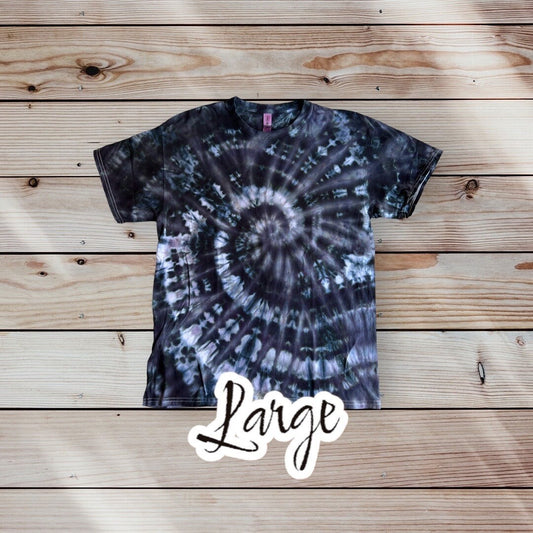 Black Blue Dark Green Spiral Ice Dye Tie Dye | Short Sleeve Shirt | 100% Cotton | Size LARGE