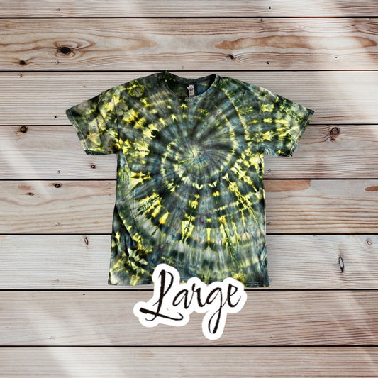 Dark Green Yellow Spiral Ice Dye Tie Dye | Short Sleeve Shirt | 100% Cotton | Size LARGE