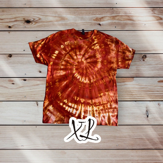 Dark Orange Yellow Spiral Ice Dye Tie Dye | Short Sleeve Shirt | 100% Cotton | Size XL