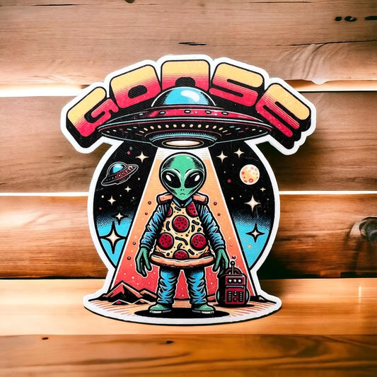 Goose Earthling or Alien? Yellow Red Pizza Sticker Vinyl Slap Matte Finish 3.0" x 2.8"
