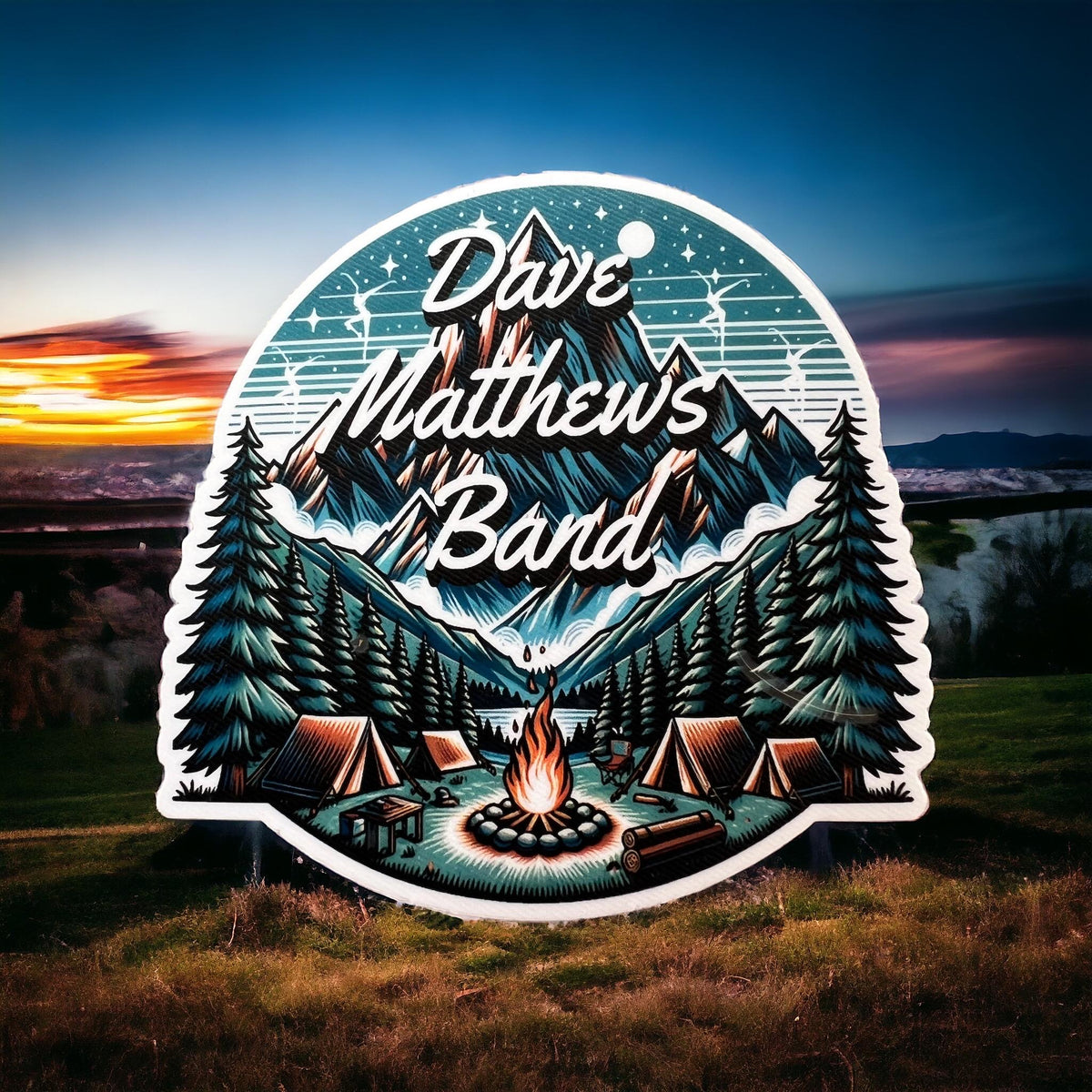 Dave Matthews Band Mountains Camping Trees Campfire Stars Vinyl Sticker Slap 3.0" x 3.0" Matte Finish