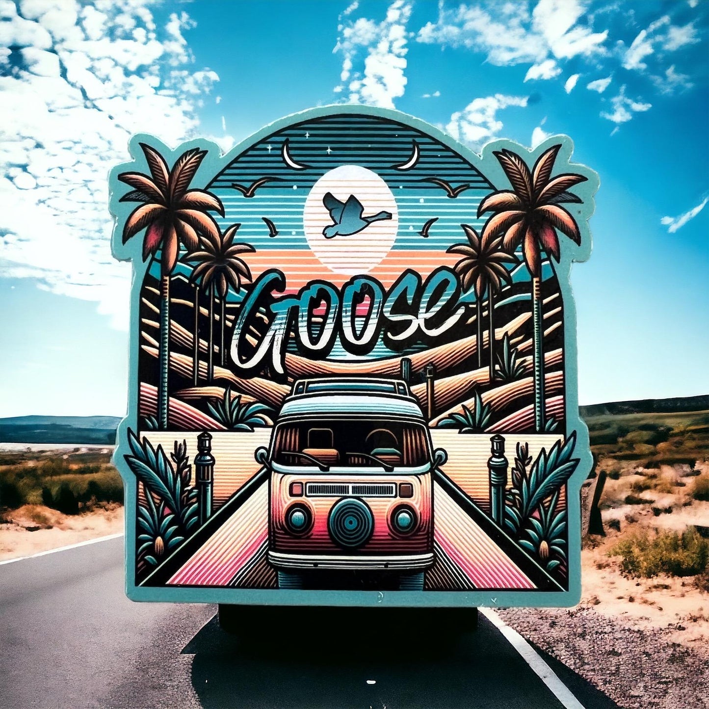 Goose Hippie Van Palm Trees California Magic Vinyl Sticker Slap Glossy Finish 3.0" x 3.0"