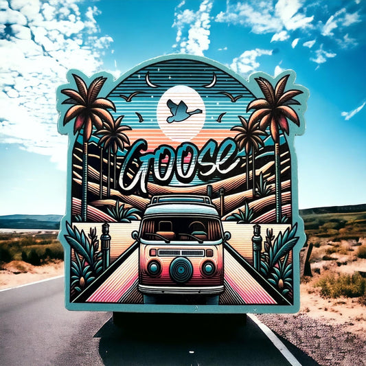 Goose Hippie Van Palm Trees California Magic Vinyl Sticker Slap Glossy Finish 3.0" x 3.0"