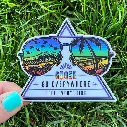 Goose Go Everywhere Feel Everything Western Sun Rainbow Ocean Waves Palm Trees Sunglasses Sticker Slap 3.3" x 2.7" Matte Finish