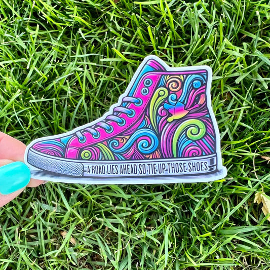 Goose Tumble A Road Lies Ahead So Tie Up Those Shoes Purple Pink Blue Green Vinyl Sticker Slap 2" x 3.3" Matte Finish