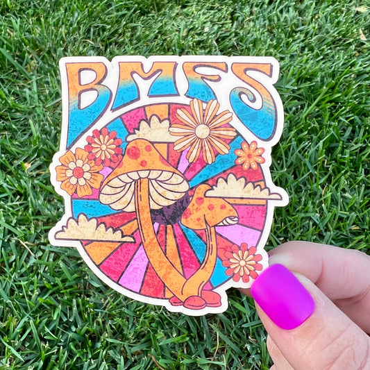 BMFS Orange Mushrooms Flowers Rainbow Clouds Retro Vinyl Sticker Slap Matte Finish 3" x 2.8"